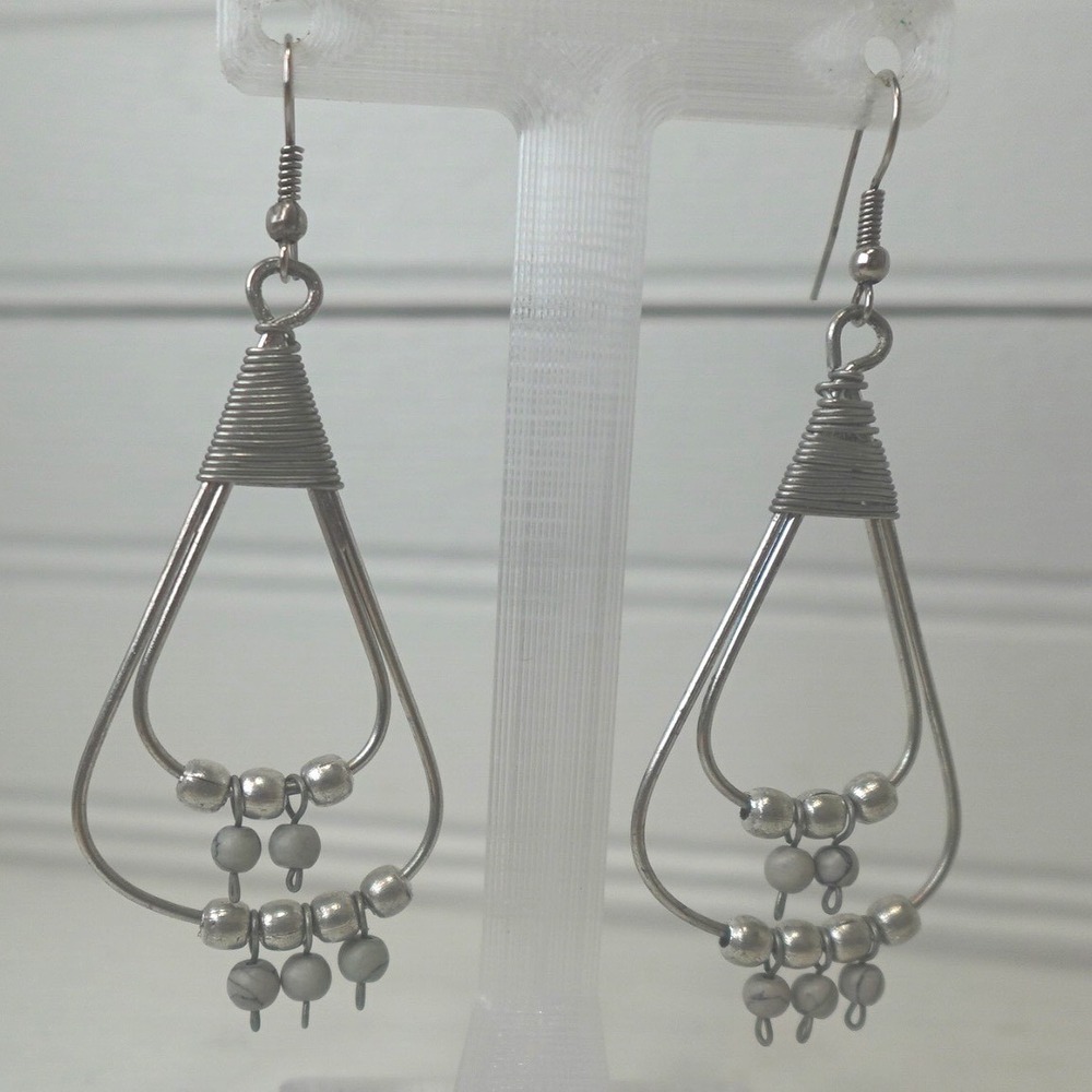 Vintage Handmade African Dangle Earrings Silver Plated Wire Teardrop Hoop Design